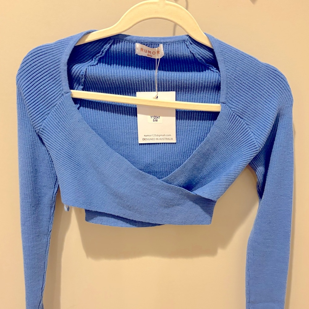 Blue Ribbed Wrap Crop Top